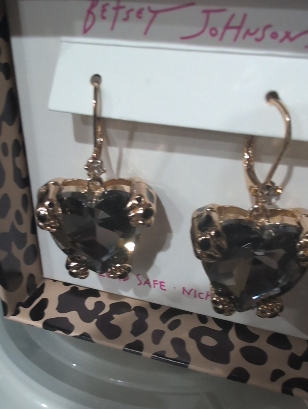 Betsey Johnson iridescent gray heart crystal dangle earrings with gold-tone